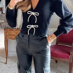 V Neck Long Sleevs Bow Front Sweater