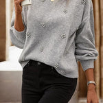 Crewneck Drop Shoulder Rhinestone Detailed Pullover Sweater