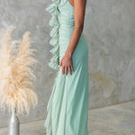 Margovil One Shoulder Slit Ruched Ruffle Mesh Maxi Dress