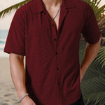 KZZ Men's short-sleeved versatile shirt with openwork jacquard pattern