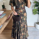V Neck Puff Short Sleeves Floral Print Midi Dress