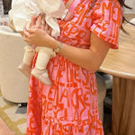 Margovil V Neck Smocked Waist Abstract Print Maxi Swing Dress