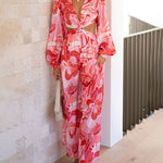 Nadorine Women's Boho Floral Printed V Neck Lantern Long Sleeve Waist Cut Out Back Casual Jumpsuit Romper