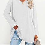 Solid Color V Neck Long Sleeve Pullover Basic Tshirts Casual Sweatshirts
