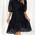 Solid Color Lace Cutout Balloon Sleeves and Waist Tie Mini Dress