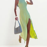 Summer A-Line Knitted Midi Dress Women Sleeveless Solid Sexy Long Dress