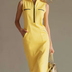 Stylish And Casual Yellow Stand-up Collar Sleeveless Midi Dress