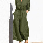Solid Color Elastic Waist Long Sleeve Wide Leg Long Jumpsuit