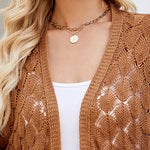 Solid Color Hollowed Out Knitted Cardigan Loose V-Neck Long Sleeved Cardigan Top