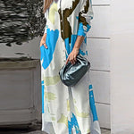 Loose Wrap Buttoned Contrast Color Pockets Printed Split-Side Shirt Dress