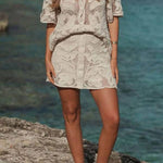 Fashion Holiday Lace Short Sleeve Hollow Top Skirt Set