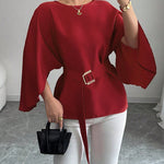 Batwing Sleeves Split-Joint Tied Waist Round-Neck Blouses&Shirts Tops