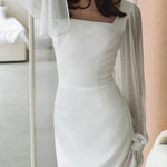Flared Sleeves Skinny Gauze Pleated See-Through Solid Color Split-Joint Square-Neck Maxi Dresses