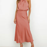Long Formal Satin Dress Mock Neck High Neck Evening Dress