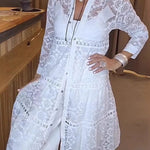 Solid Color Hollow Lace Lapel Button Long Shirt