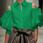 Long Sleeves Loose Pleated Solid Color Cold Shoulder Blouses&Shirts Tops