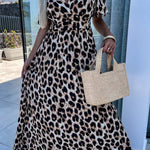 Khaki Leopard V Neck Cinched High Waist Open Back Maxi Dress