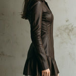 Brown Eco Leather Fitted Zip-Up Mini Dress With Flared Hem