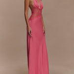 Deep V silk satin maxi dress with halterneck