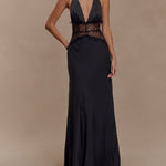 Deep V silk satin maxi dress with halterneck