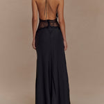 Deep V silk satin maxi dress with halterneck
