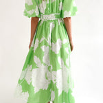 Elegant V-neck slim waist large swing skirt printed dress