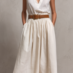 Women's Elegant Beige Cotton-linen Blend V-neck Sleeveless Top And Skirt Set