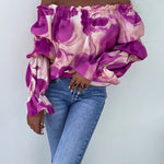 Long Sleeves Loose Elasticity Printed Off-The-Shoulder T-Shirts Tops