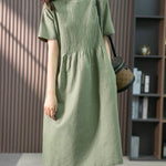 Nadorine Women's Crew Neck Cotton Linen Plain Dress Casual Loose Short Sleeve Sundress with Pockets