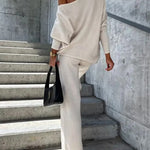 Solid Color Two Pieces Sets Off-shoulder Bat Sleeve Top Casual Wide Leg Pants Suit