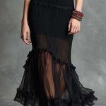 Elegant Boho Ribbed Midi Dress With Lace Trim & Sheer Chiffon Hem – Black