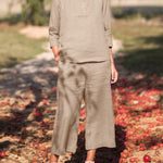 Nadorine Casual Button Long Sleeve Solid Color Round Neck Tops and Pockets Pants Set