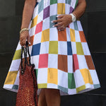 Loose Short Sleeves Printed Rainbow Plaid V-Neck Midi Dresses