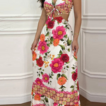 Mexico Style Tropical Print Ring Cutout Lace-up Vacation Maxi Dress
