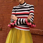Long Sleeves Skinny Contrast Color Ruffled Split-Joint Striped Half Turtleneck Blouses&Shirts Tops