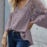 Nadorine Lace Boho Blouses Crochet Flowy Bell Sleeve Button Down Casual T Shirts