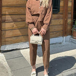 Solid Color Long Sleeve Crop Top with Pockets and High Waisted Nine-Quarter Pants Two-Piece Set