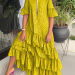 Flared Sleeves Half Sleeves Asymmetric Layered Pleated Printed Ruffle Trim Round-Neck Maxi Dresses