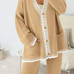 Fashion Casual Knitted Long Sleeve Pocket Cardigan and Elastic Waist Loose Wide Leg Pants Set