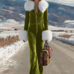 Fashion Retro Rose Red Velvet Faux Fur Collar Long Sleeve Flared Jumpsuit