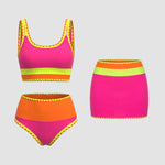 Color Contrast Patchwork Nylon Sporty 3 Piece Bikini Sets