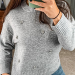 Crewneck Drop Shoulder Rhinestone Detailed Pullover Sweater