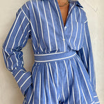 Margovil Striped Long Sleeves Curve Hem Shirt and High Rise Shorts Set