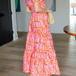 Margovil V Neck Smocked Waist Abstract Print Maxi Swing Dress