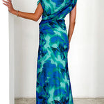 Off Shoulder Ruched Lagoon Print Maxi Dress