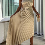 Margovil 3D Rose One Shoulder Cut Out Waist Asymmetric Hem Pleated Maxi Dress