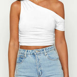 Margovil Asymmetrical Shoulder Ruched Crop Top