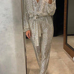 Margovil Wrap V Neck Tie Waist Sequin Jumpsuit