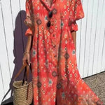 Margovil Ruched Button Down Balloon Sleeves Printed Maxi Dress