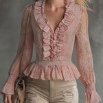 Elegant Pink Chiffon Lace Ruffled Shirt